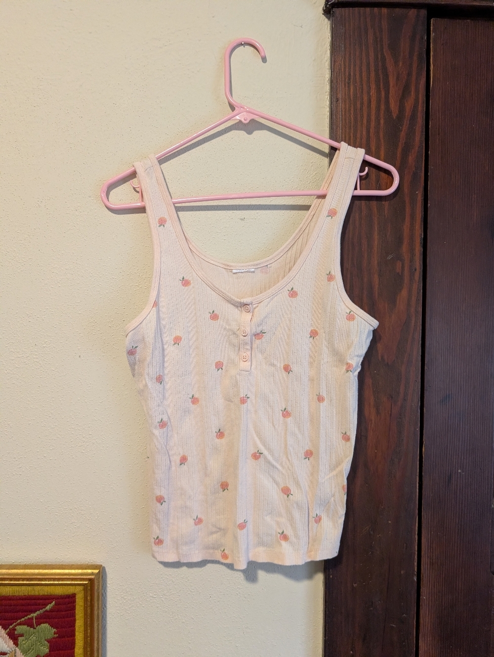 Peach Print Cotton Tank Top W/ Half Button Front